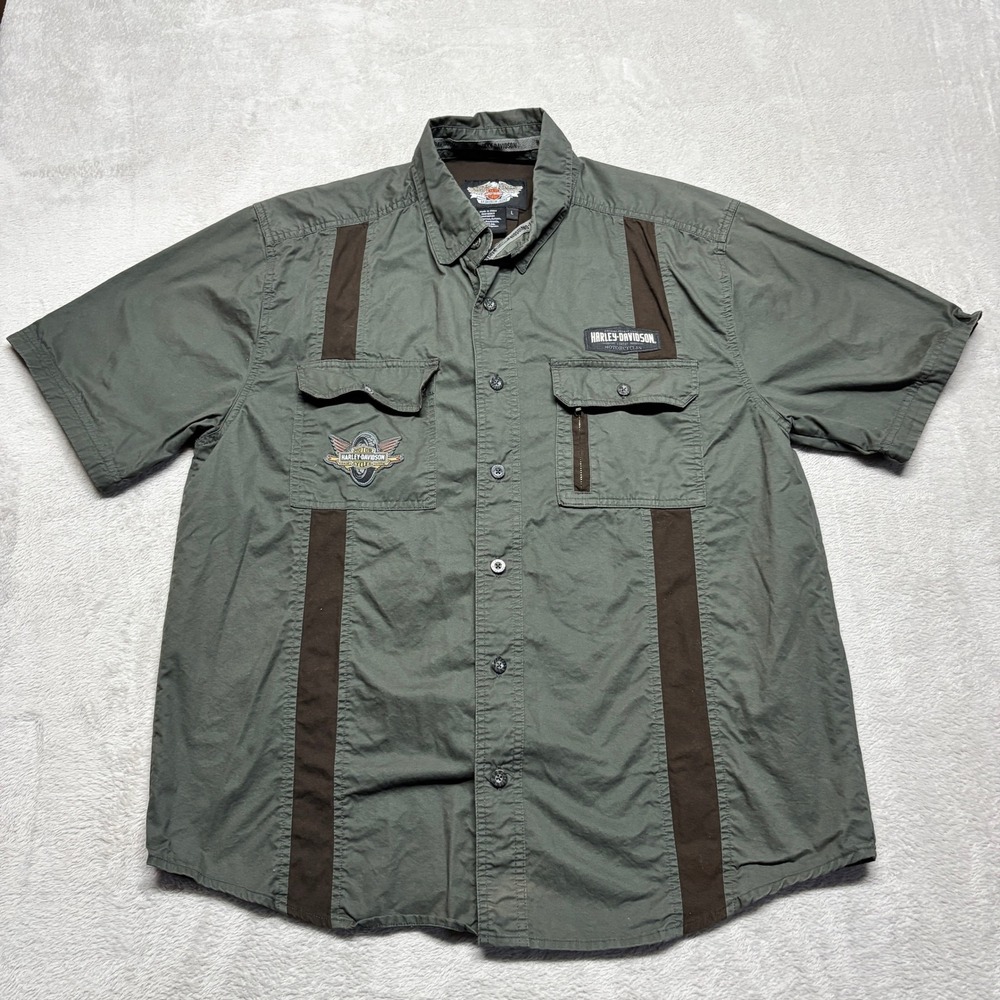 Harley-Davidson Button-Down Mens L Short Sleeve Olive Brown Skull